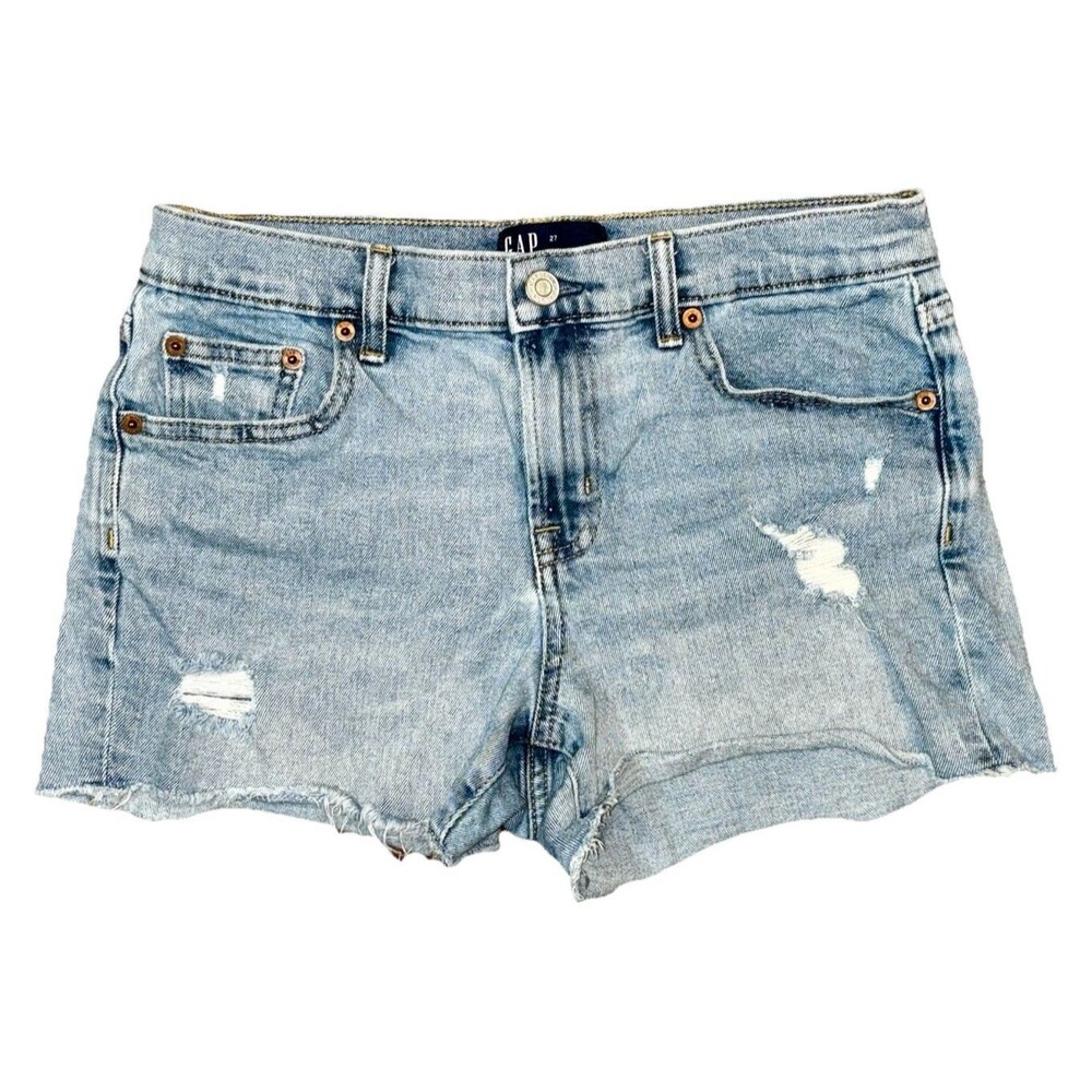 Gap Denim Shorts Mid Rise Blue Frayed Raw Hem Distressed Size 27/4 Summer 3”